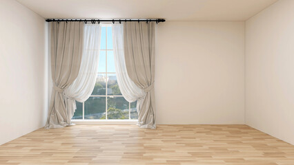  Empty room with white wall, wide window, and beige curtains, white vitrage. 3d rendering. 3d illustration