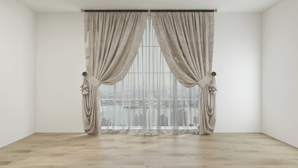 Empty room with white wall, wide window, and classic beige curtains vitrage. 3d rendering. 3d illustration