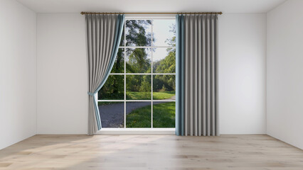 Empty room with white wall, wide window, and silver curtain with blue line