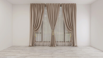 Empty room with white wall, parquet floor, and classic white vitrage, 3 beige curtains. 3d illustration. 3d rendering
