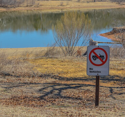 No Vehicles Allowed Sign on Lake Texoma's Shoreline in Kingston, Bryon County, Oklahoma