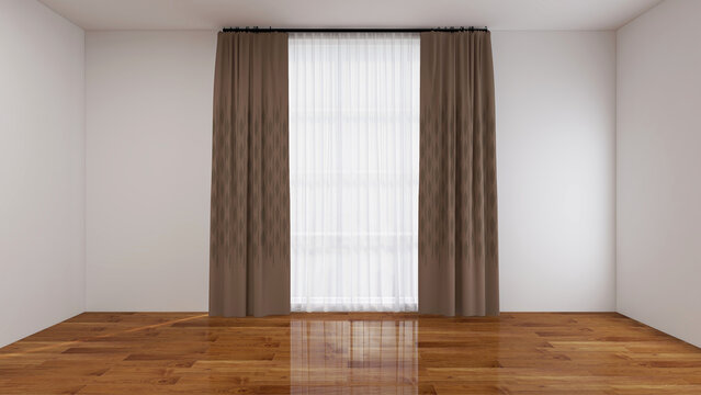 Empty room with white wall, parquet floor, and white vitrage,  brown textured curtain