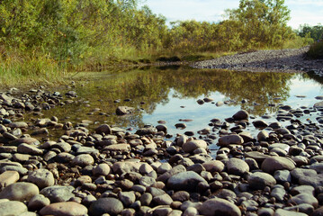 River bank, lake with beach, pebbles, landscape