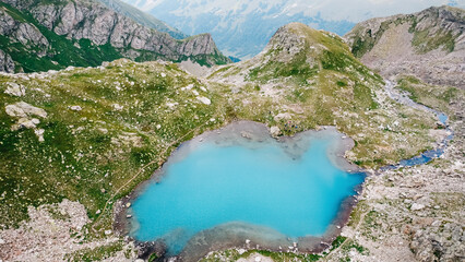 Landscape with a large blue mountain lake in the Caucasus Mountains. lake top view. drone aerial