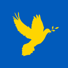 Gołąbek pokoju w barwach flagi Ukrainy. Wzlatujący ptak z gałązką. Powiedz 