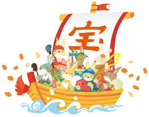 切り絵うさぎ宝船