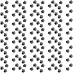 Vector seamless pattern of flat black animal dog cat foot print steps isolated on white background