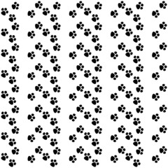 Vector seamless pattern of flat black animal dog cat foot print steps isolated on white background