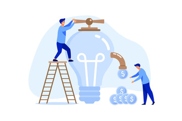 	
Idea to make money, earning or profit from business creativity, financial advise to gain more wealth or success rich investor concept, businessman open lightbulb idea faucet to earn money coins.