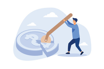 Money management, financial planning or wealth management or investment portfolio, paying for tax, loan or debt, inflation concept, businessman using pizza cutter to split golden dollar money coin.