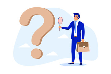 Problem and root cause analysis, research and leadership skill to find solution or answer for business problem concept, smart businessman analyst using magnifying glass to analyze question mark sign.