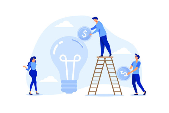 Fundraising idea, funding new innovative project, donation, investing or VC venture capital to support startup idea concept, business people donate or contribute fund raiser new lightbulb project.