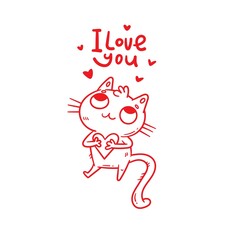 Valentine's day vector card with cute cartoon cat. Cheerful character in love. Doodle cartoon kitten print.