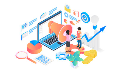 Isometric style illustration of marketing strategy