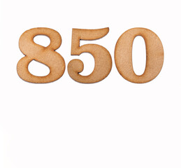 Number 850 in wood, isolated on white background