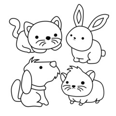 The set of cute animals outlined: cats, dogs, guinea pigs and rabbits. Vector on white background, editable stroke, for coloring book