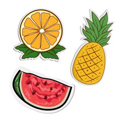 Vector watermelon, pineapple and orange or lemon in a paper cutout style with an outline and bright color, summer fruits, perfect for stickers or stuff of summer. Vector
