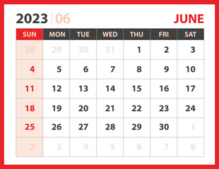 June 2023 template, Calendar 2023 design vector, planner layout, Week starts Sunday, Desk calendar 2023 template, Stationery. Wall calendar 2023 year on red background, vector eps 10