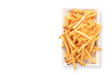 Potato fried on white square plate on white background.