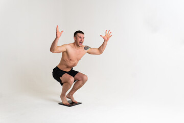 Fototapeta premium Man with weights health pondered, health and sports on a white background muscle, man medicine, human chronic. lumbar sickness, problem suffer attractive