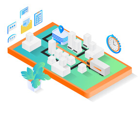 Isometric style delivery order illustration with truck and smartphone