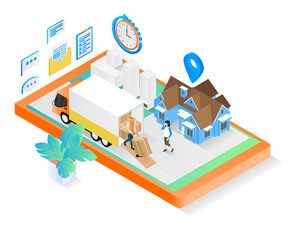 Isometric style delivery order illustration with truck and smartphone