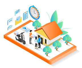 Delivery order isometric style illustration with matic motorbike and smartphone