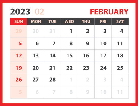 February 2023 template, Calendar 2023 design vector, planner layout, Week starts Sunday, Desk calendar 2023 template, Stationery. Wall calendar 2023 year on red background, vector eps 10