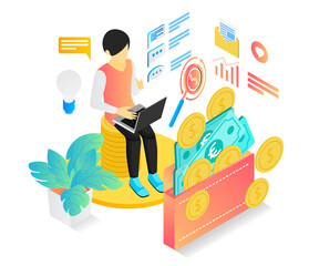 Isometric style illustration of a person getting paid for his work