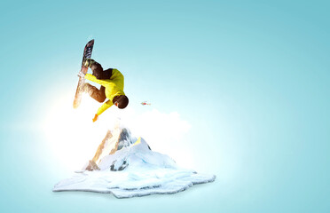 Snowboarder and Alps landscape . Mixed media