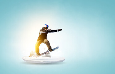 Snowboarder and Alps landscape . Mixed media