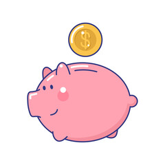 Pink money piggy bank with falling golden coin. Safe finance investment, banking, economy, financial independence, savings account concept cartoon vector illustration isolated white background