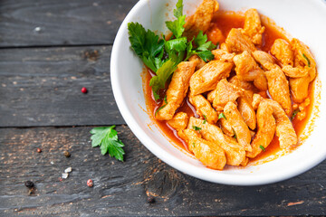 chicken stew meat tomato sauce braised chicken breast stroganoff food fresh healthy meal snack on the table copy space food background 