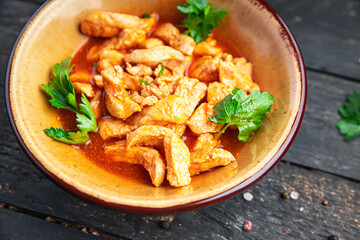 chicken stew meat tomato sauce braised chicken breast stroganoff food fresh healthy meal snack on the table copy space food background 