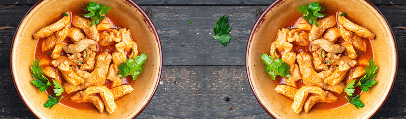 chicken stew meat tomato sauce braised chicken breast stroganoff food fresh healthy meal snack on the table copy space food background 