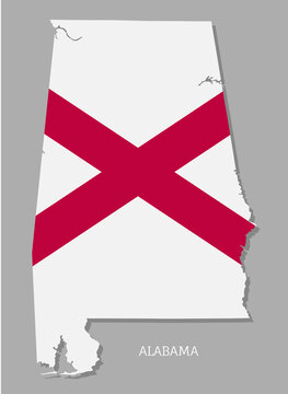 Highly detailed map of Alabama with the flag. Editable map of USA State with territory borders. Political or geographical design of US, AL State vector illustration on gray background