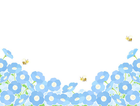 蜂が飛んでいるネモフィラのお花畑をイメージしたイラスト