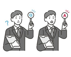 Q＆Aが書かれた棒を持つ葬儀スタッフのベクターイラスト素材／葬式／お葬式／フォーマルウェア／質問
