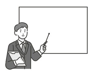 指示棒を持ってホワイトボードを指す葬儀スタッフのベクターイラスト素材／葬式／お葬式／フォーマルウェア／質問
