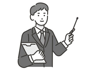 指示棒を持つ葬儀スタッフのベクターイラスト素材／葬式／お葬式／フォーマルウェア／質問
