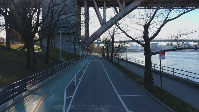 View of a Walking Trail at Astoria Park Near the Hell Gate Bridge and the RFK Bridge