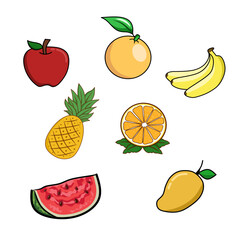 Fruits clipart set. Doodle of fruits, consisting of apples, bananas, pineapples, oranges, watermelons and mangoes. can be used as a logo or icon. editable vector illustration.