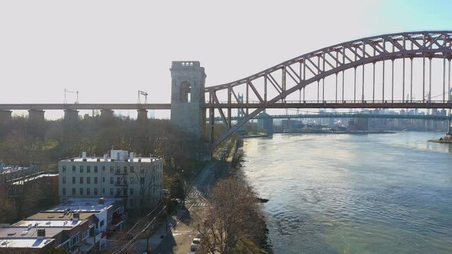 Aerial View of a Walking Trail at Astoria Park Near the Hell Gate Bridge