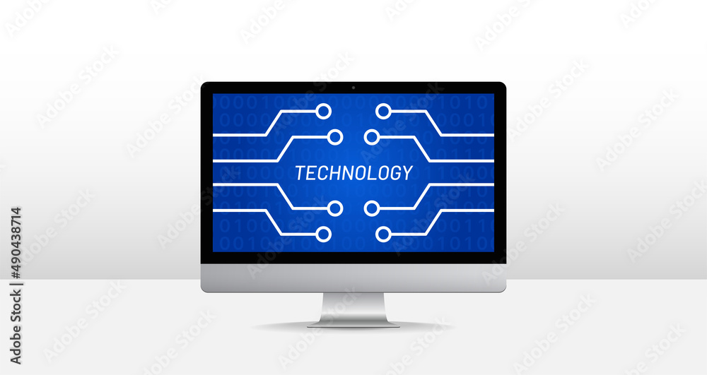 Poster Circuit board technology on computer screen isolated on white background.