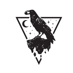 Black raven carries a cobblestone in its beak vector - obrazy, fototapety, plakaty