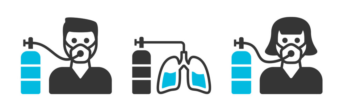 Person with oxygen mask icon set. Oxygen cylinder symbol. Medical concept