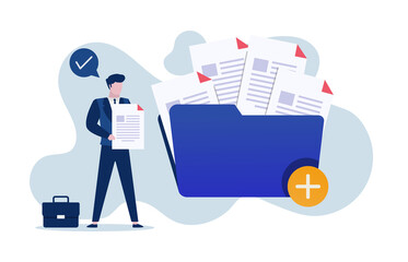 Businessman adds file to big folder. Storage and indexing of information. Businessman holds paper document. User and data archive.