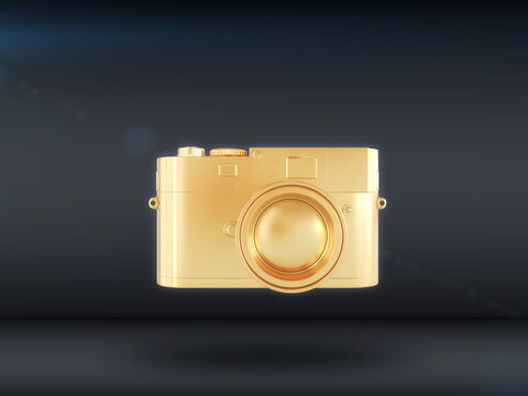 A golden camera on a dark background. 3D render