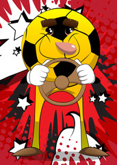 Soccer ball driving, holding a steering wheel. Traditional football ball as a cartoon character with face.