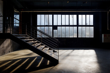 Interior view of industrial loft empty room with rusty central staircase in the middle of the room. 